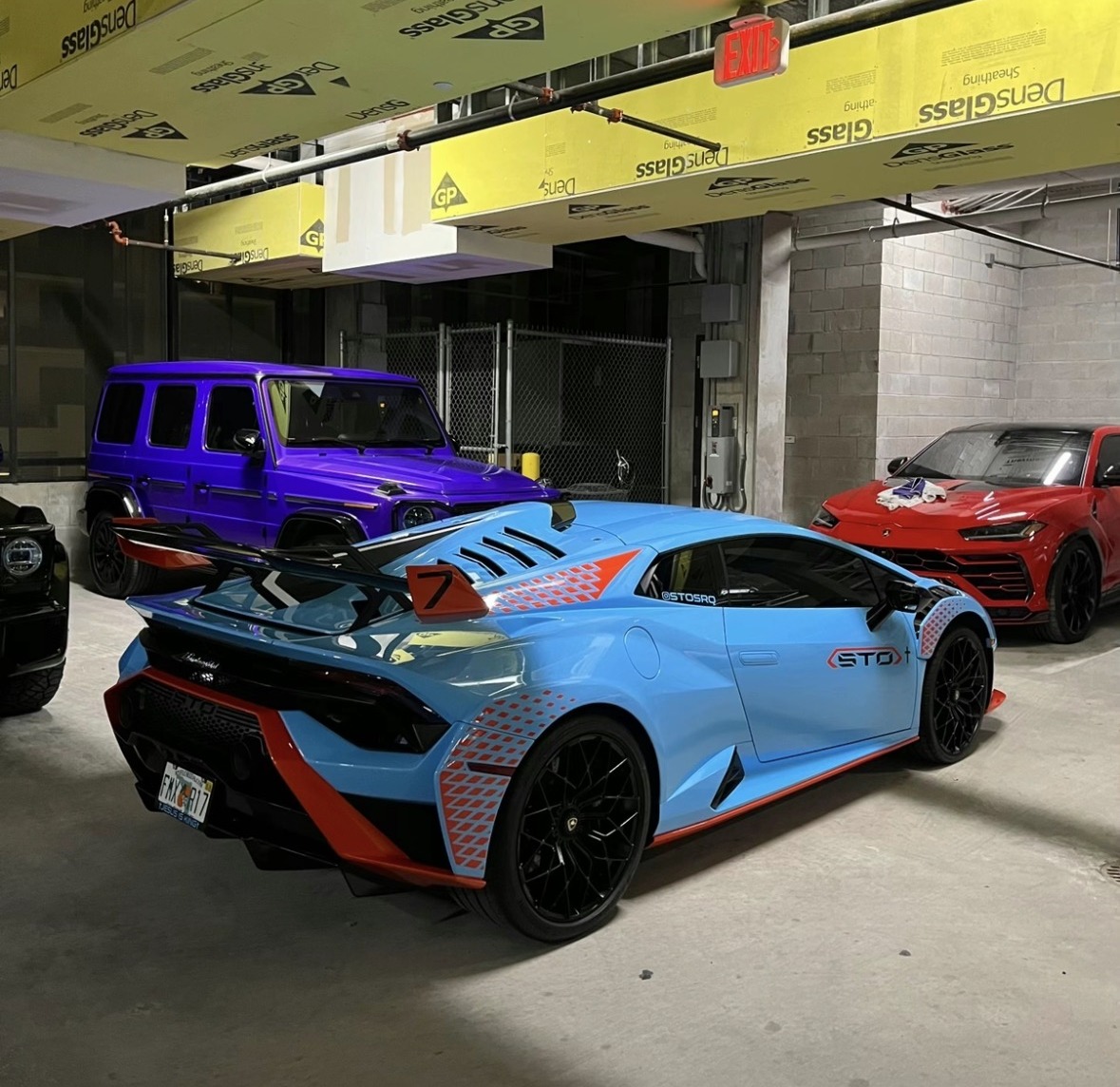 Lamborghini Huracan STO, Mercedes-AMG G-Class and Lamborghini Urus in a private Austin garage after detailing by Morello's